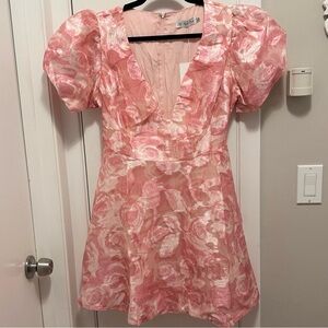 All About May Pink Jacquard Floral Puff Sleeve Plunge V-neck Mini Dress 8 NWT